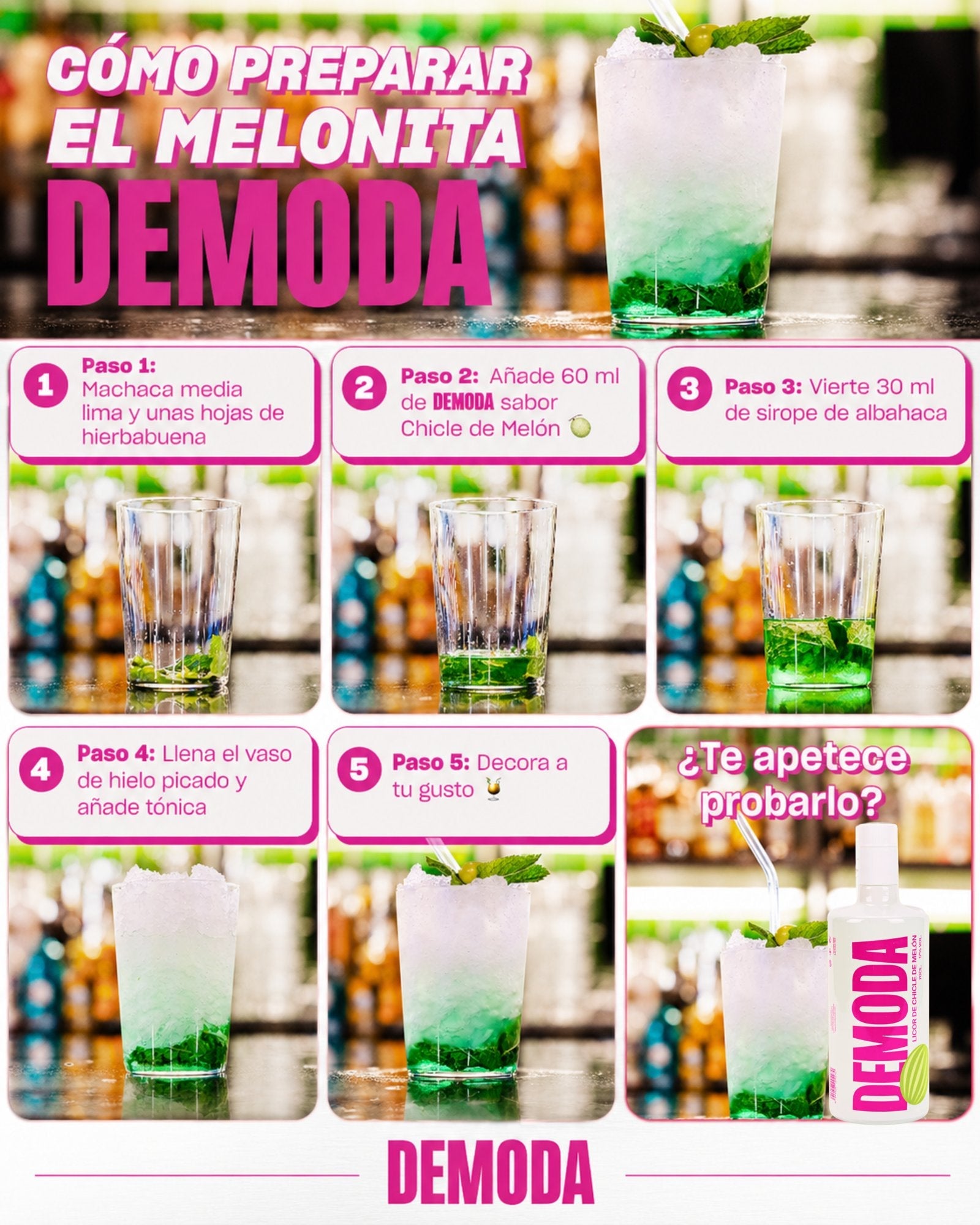 Cómo preparar el cóctel Melonita DEMODA con licor de chicle de melón