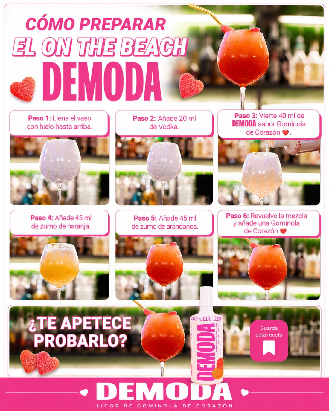 Cóctel On the Beach DEMODA con licor de gominola de corazón