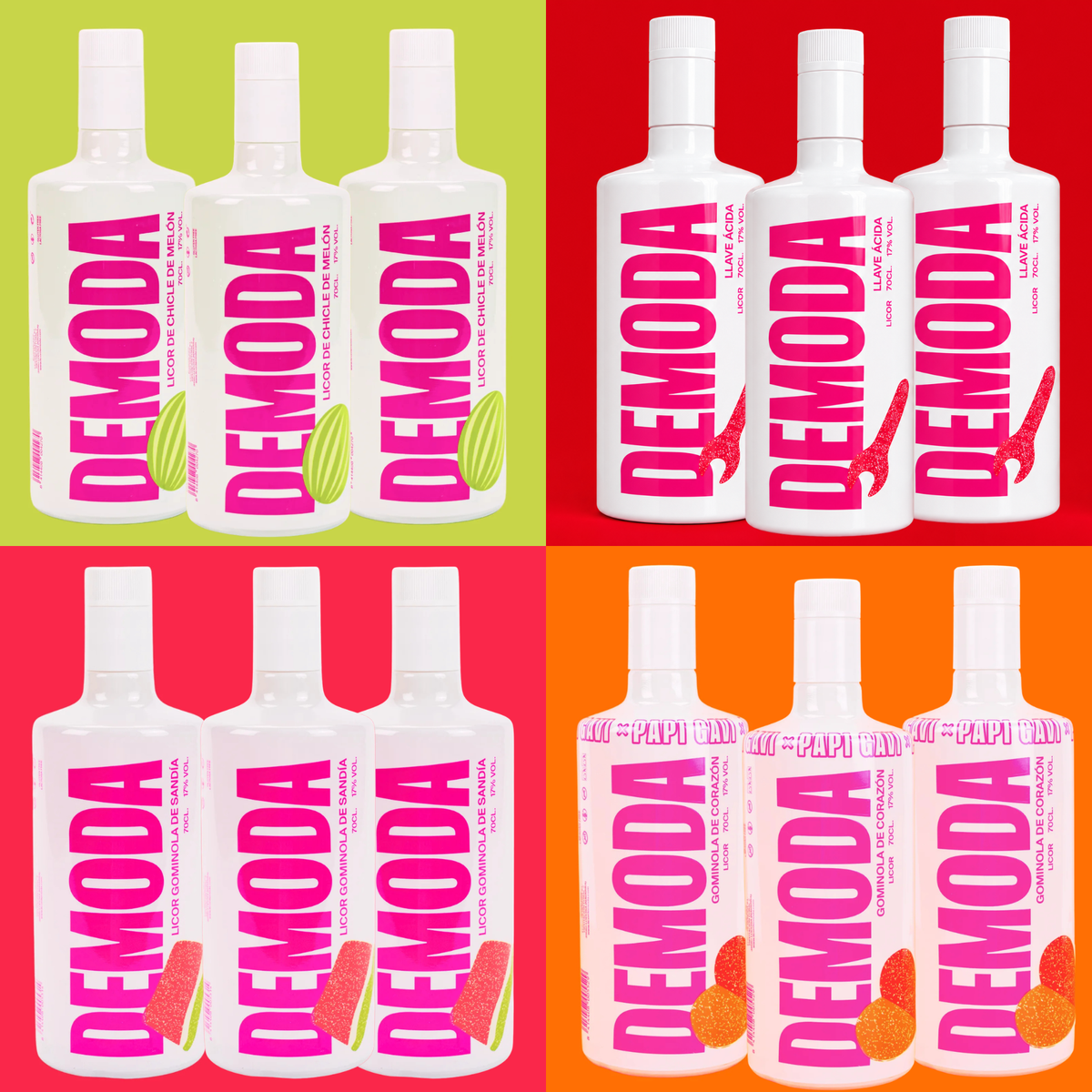 Pack de 12 botellas - 3 Chicle de Melón, 3 Llave Ácida, 3 Gominola de Sandía y 3 Gominola de Corazón.&nbsp; Los licores DEMODA que te llevan de vuelta a tu infancia, con el sabor inconfundible de las gominolas que todos recordamos. 12 x 70cl. 17% vol.