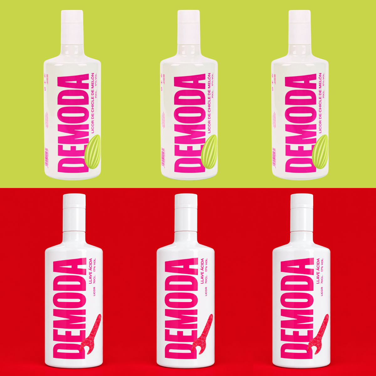Pack de 6 botellas - 3 Chicle de Melón Y 3 Llave Ácida Los licores DEMODA que te llevan de vuelta a tu infancia, con el sabor inconfundible de las gominolas que todos recordamos. 6 x 70cl. 17% vol.