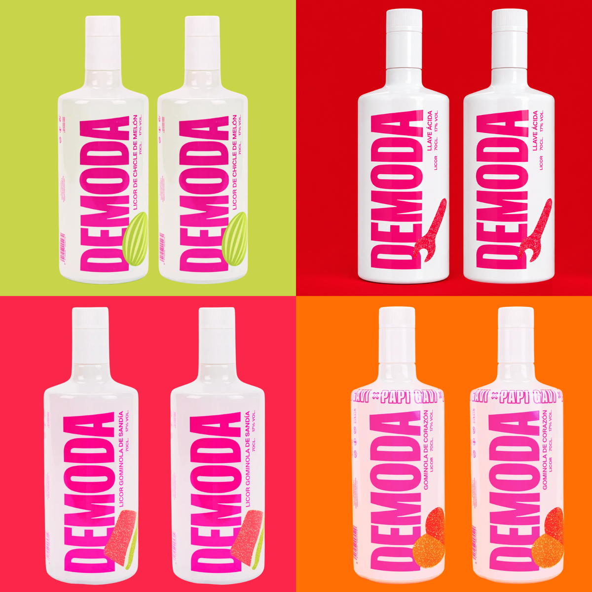 Pack de 8 botellas - 2 Chicle de Melón, 2 Llave Ácida, 2 Gominola de Sandía y 2 Gominola de Corazón.&nbsp; Los licores DEMODA que te llevan de vuelta a tu infancia, con el sabor inconfundible de las gominolas que todos recordamos. 8 x 70cl. 17% vol.
