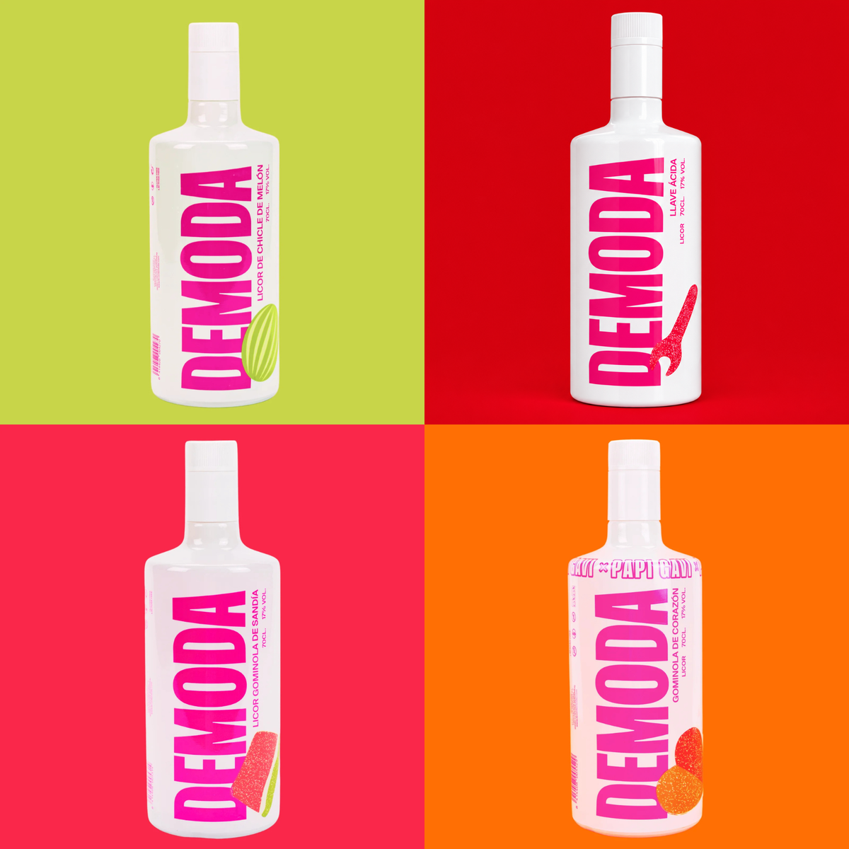 Pack de 4 botellas - Chicle de Melón, Llave Ácida, Gominola de Sandía y Gominola de Corazón.&nbsp; Los licores DEMODA que te llevan de vuelta a tu infancia, con el sabor inconfundible de las gominolas que todos recordamos. 4 x 70cl. 17% vol.