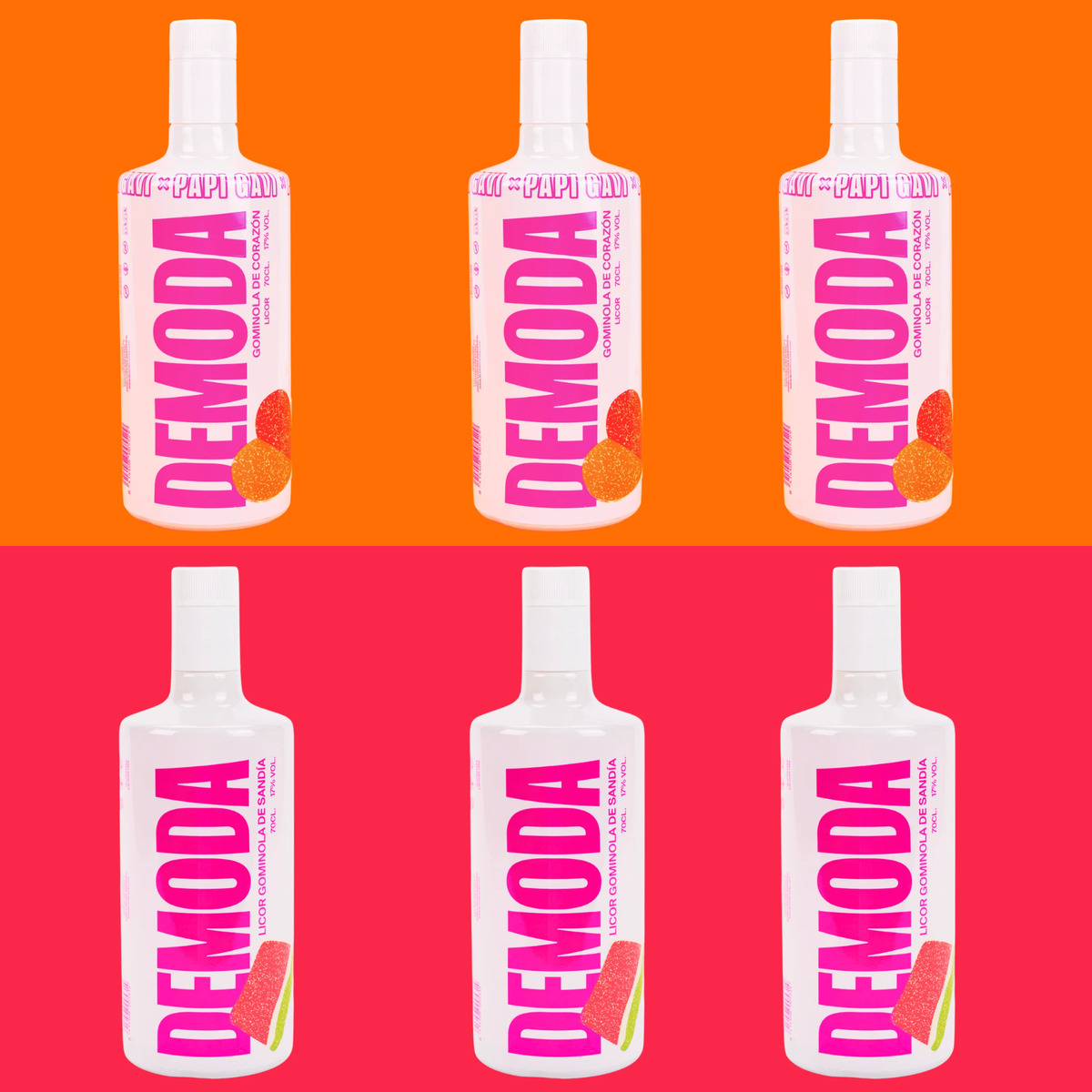 Pack de 6 botellas - 3 Gominola de Sandía Y 3 Gominola de Corazón. Los licores DEMODA que te llevan de vuelta a tu infancia, con el sabor inconfundible de las gominolas que todos recordamos. 6 x 70cl. 17% vol.